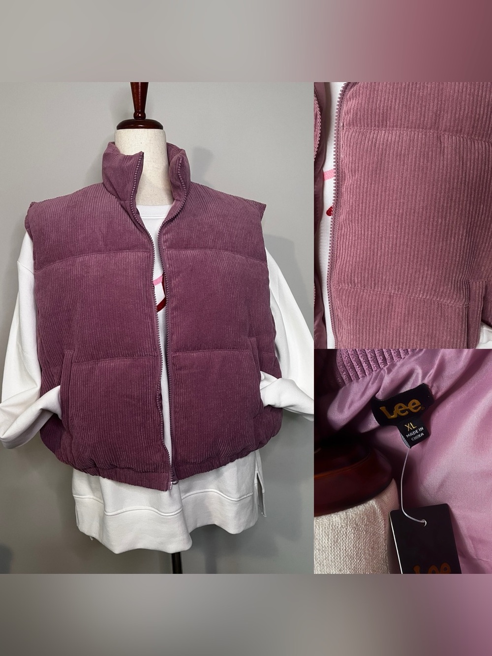 Lee Women's Mauve Corduroy Puffer Vest-XL